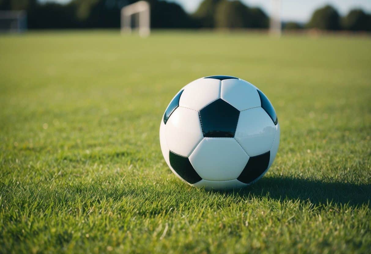 Uma bola de futebol está sozinha em um campo gramado ao meio-dia