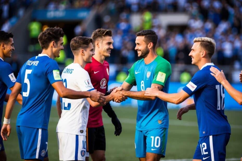 Um grupo de jogadores de futebol de diferentes times apertando as mãos e sorrindo após uma partida, demonstrando esportividade e camaradagem.