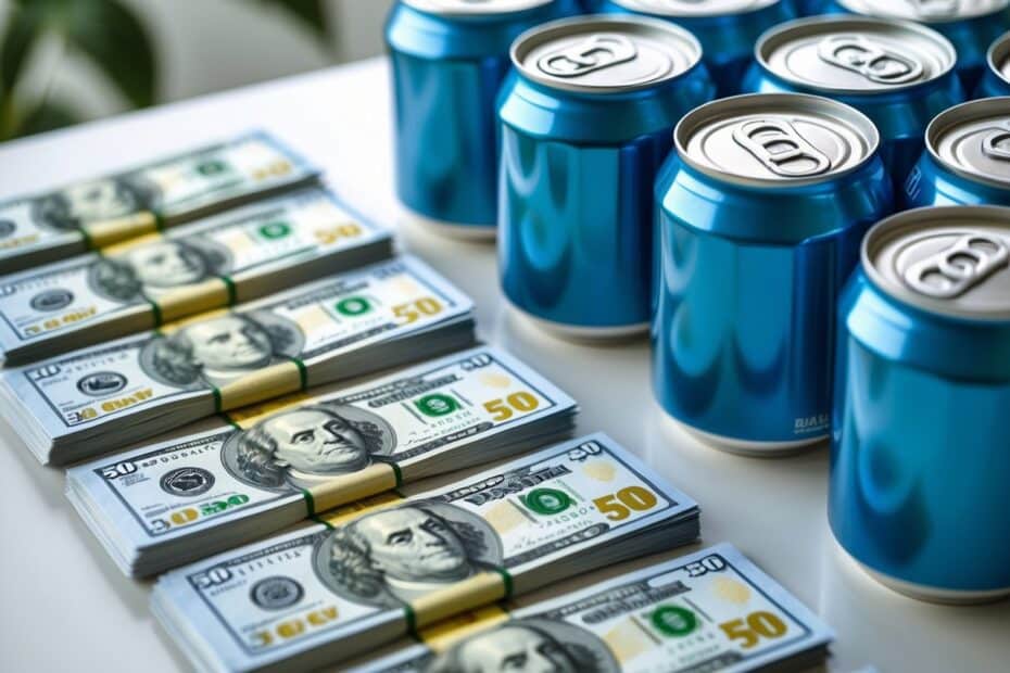 Notas de 50 reais ao lado de várias latinhas de refrigerante sobre uma superfície limpa.