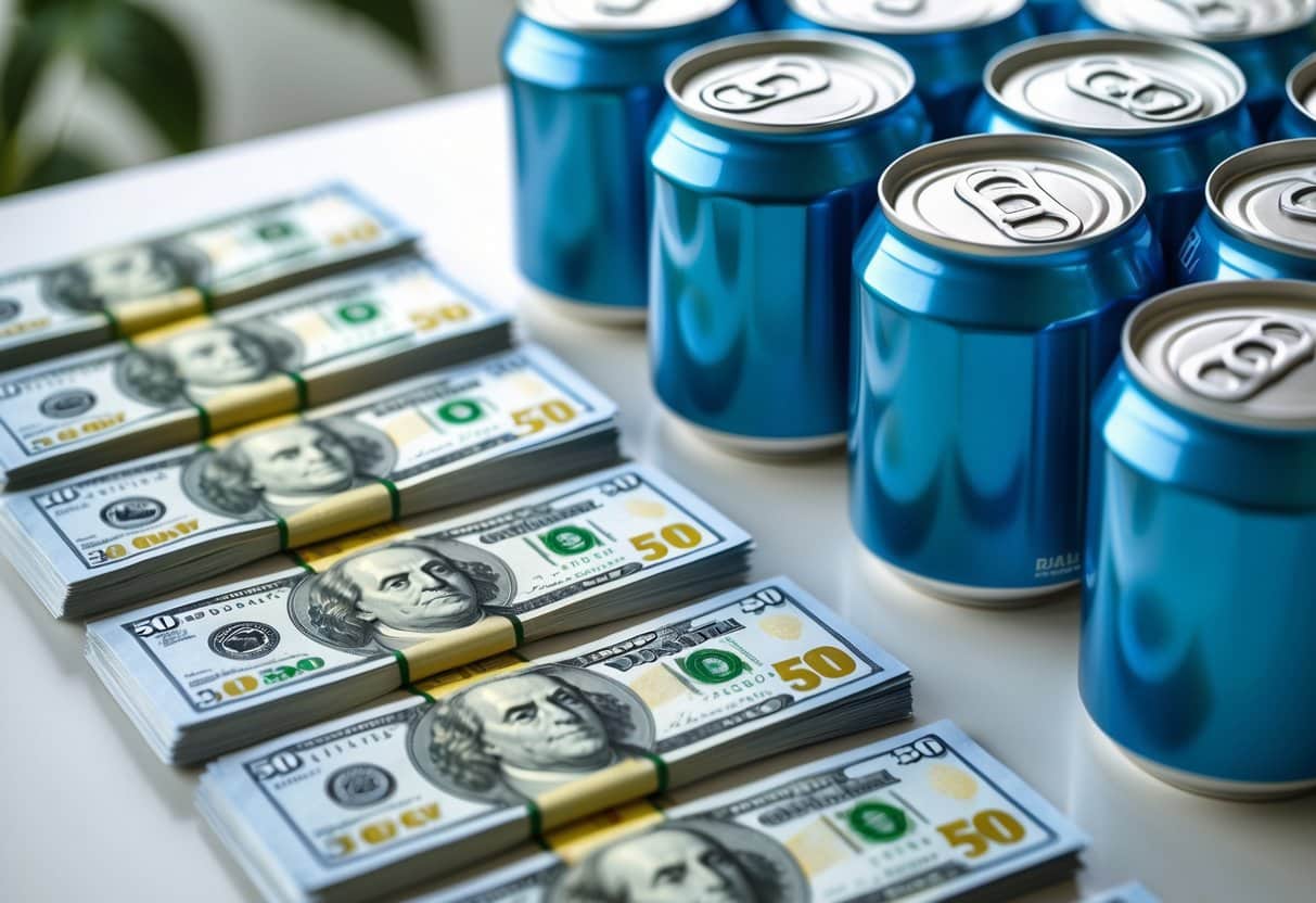 Notas de 50 reais ao lado de várias latinhas de refrigerante sobre uma superfície limpa.