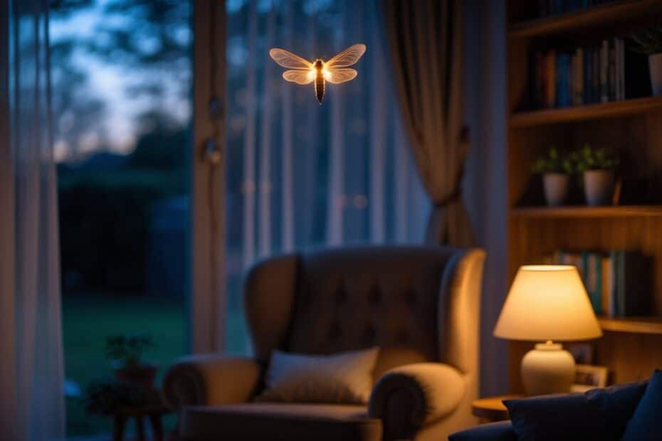 Um vagalume brilhando suavemente dentro de uma sala aconchegante durante a noite, perto de uma janela com cortinas transparentes.