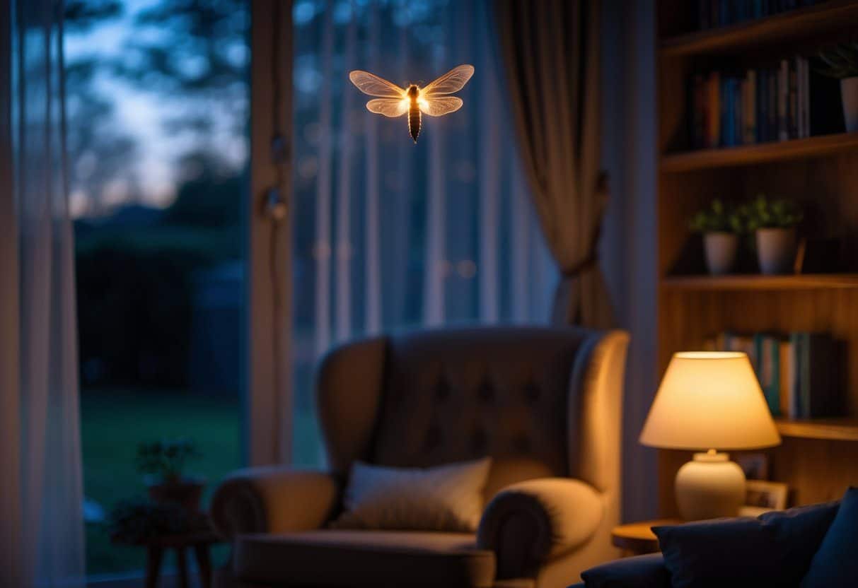Um vagalume brilhando suavemente dentro de uma sala aconchegante durante a noite, perto de uma janela com cortinas transparentes.