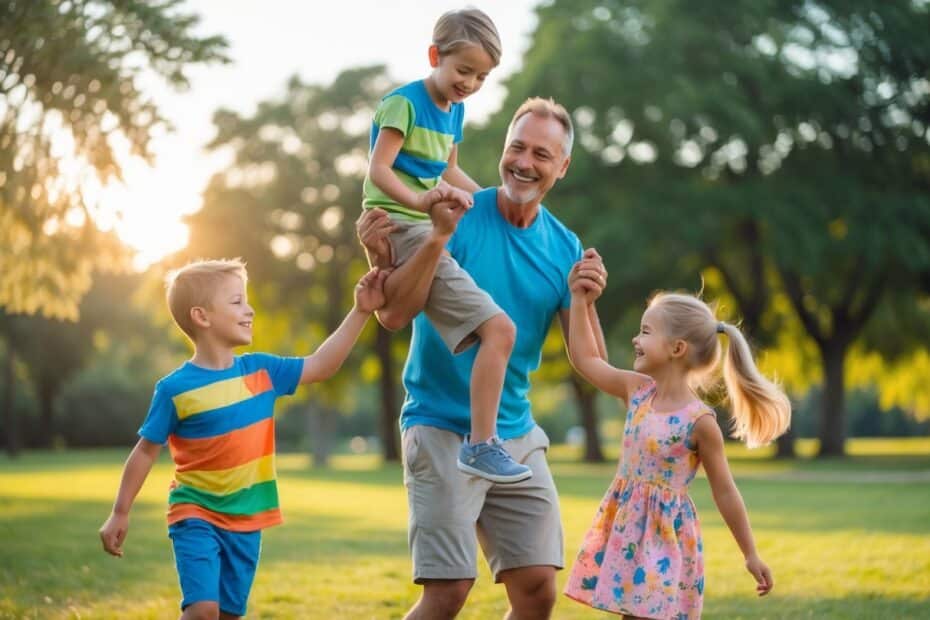 Pai brincando com dois filhos em um parque ao ar livre durante o pôr do sol.
