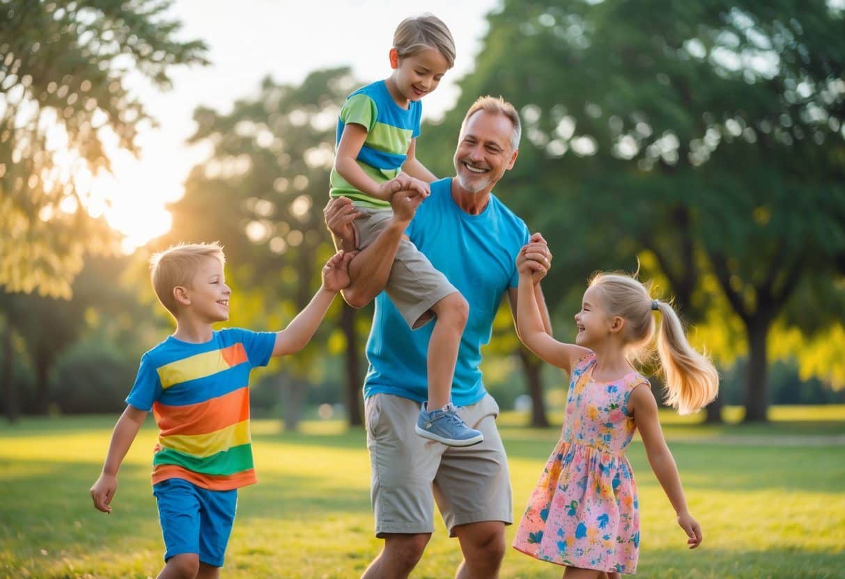 Pai brincando com dois filhos em um parque ao ar livre durante o pôr do sol.