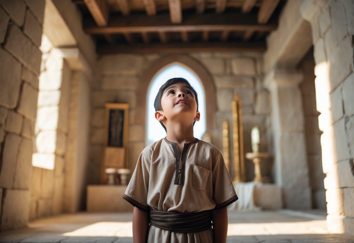Um menino jovem em um templo antigo, olhando para cima com expressão de atenção e surpresa.