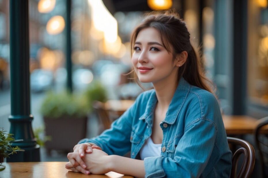 Mulher jovem sentada em um café, com expressão tímida e interessada, olhando levemente para o lado, com as mãos juntas sobre a mesa.