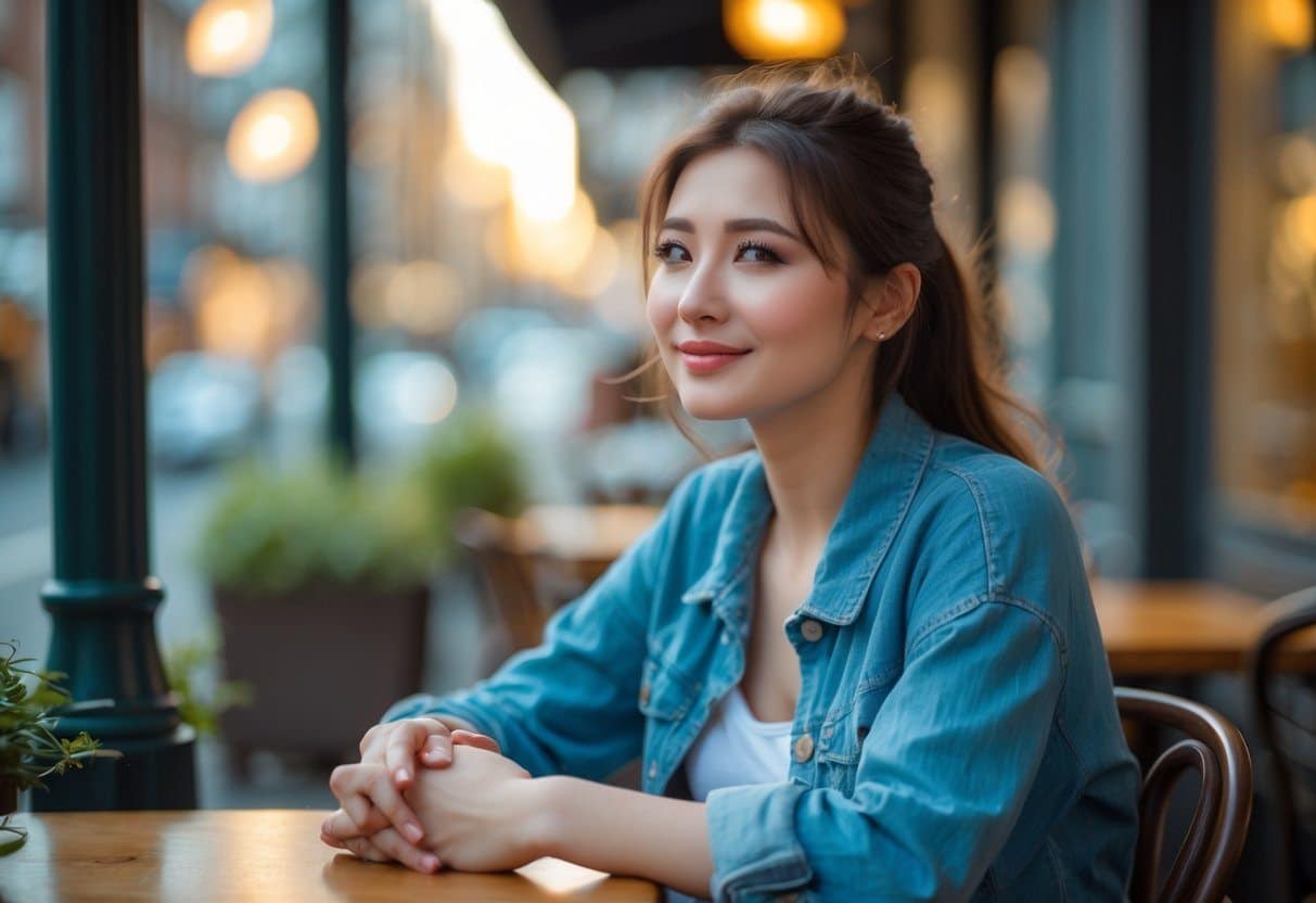 Mulher jovem sentada em um café, com expressão tímida e interessada, olhando levemente para o lado, com as mãos juntas sobre a mesa.