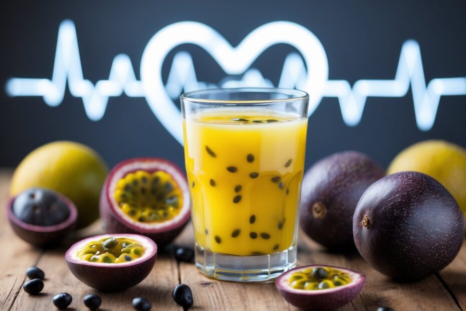 Copo de suco de maracujá fresco com maracujás cortados ao redor e um símbolo de coração desfocado ao fundo.