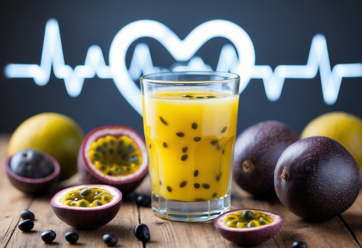 Copo de suco de maracujá fresco com maracujás cortados ao redor e um símbolo de coração desfocado ao fundo.