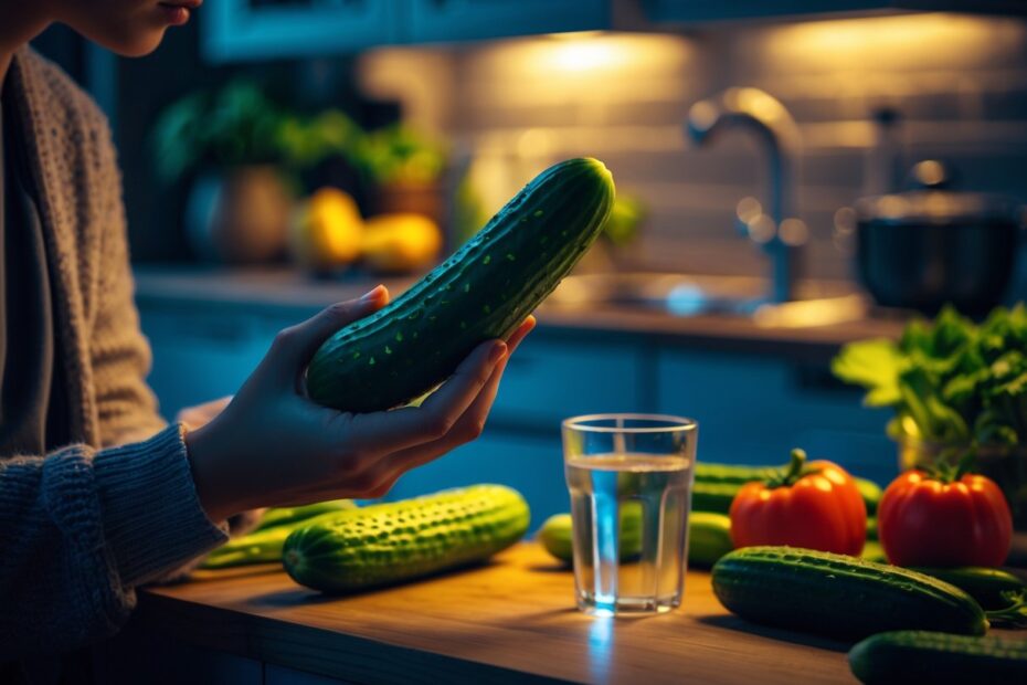Pessoa segurando um pepino na cozinha à noite, com legumes frescos e um copo de água sobre a bancada.