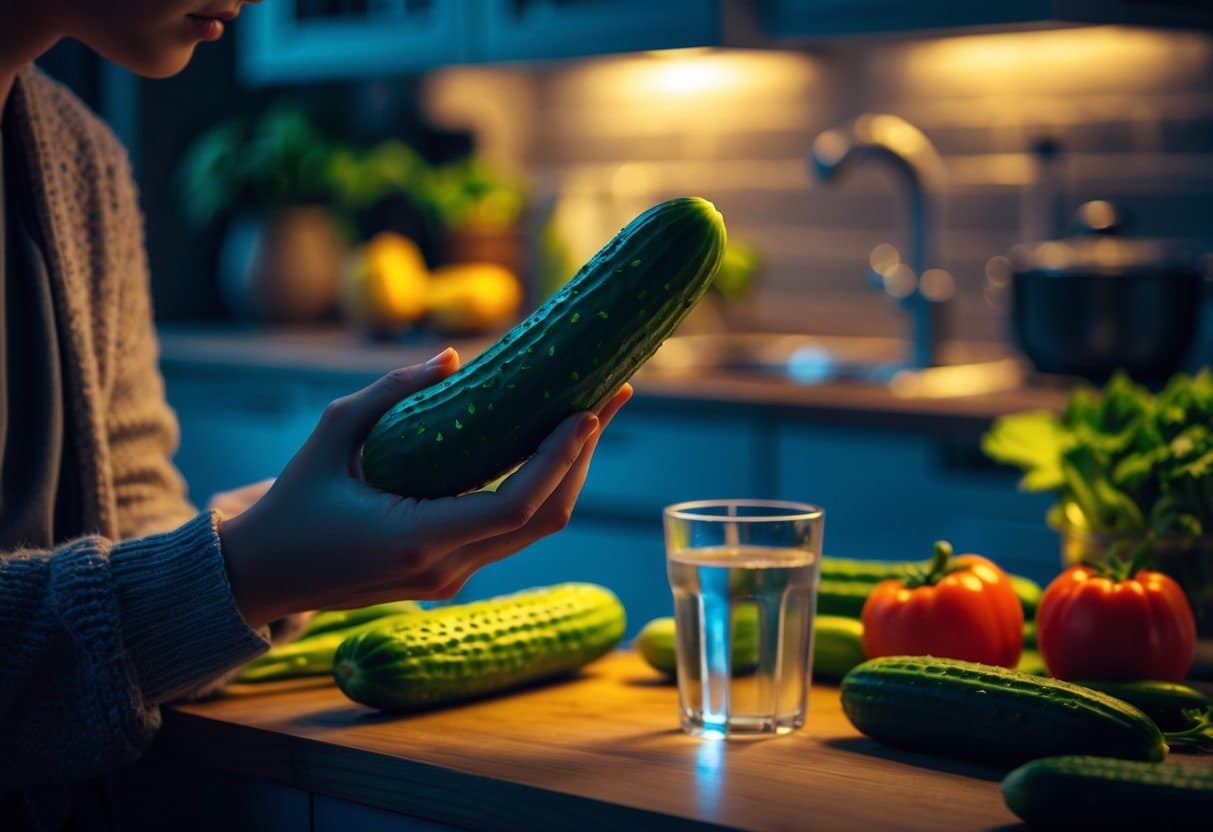 Pessoa segurando um pepino na cozinha à noite, com legumes frescos e um copo de água sobre a bancada.