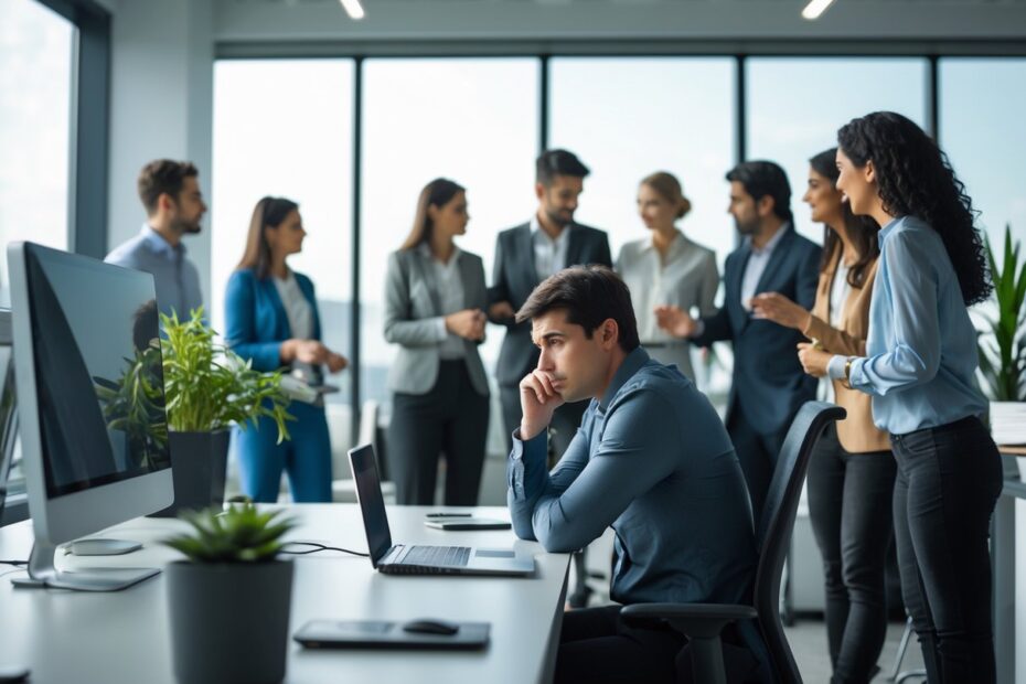 Pessoa sentada sozinha em um escritório moderno, com expressão pensativa, enquanto um grupo de pessoas conversa próximo, mostrando sentimentos de exclusão social.