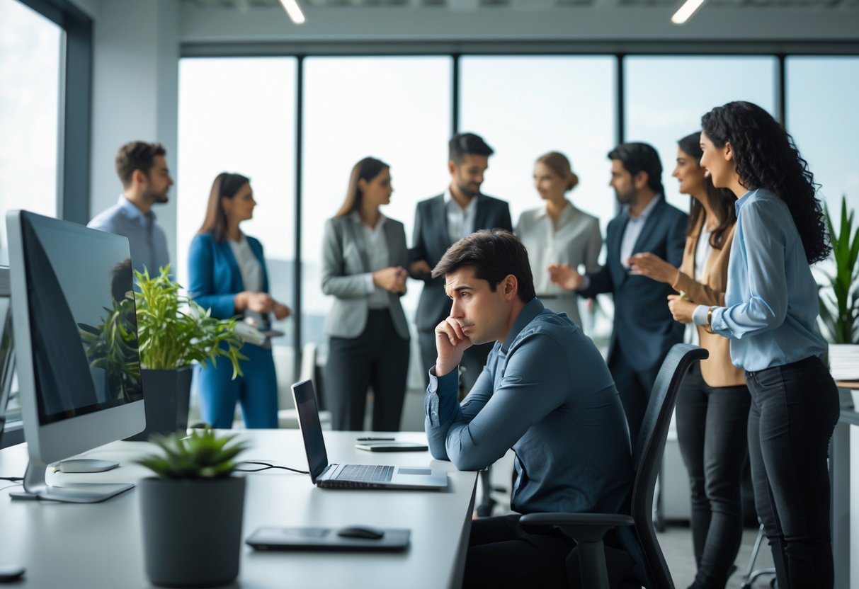 Pessoa sentada sozinha em um escritório moderno, com expressão pensativa, enquanto um grupo de pessoas conversa próximo, mostrando sentimentos de exclusão social.