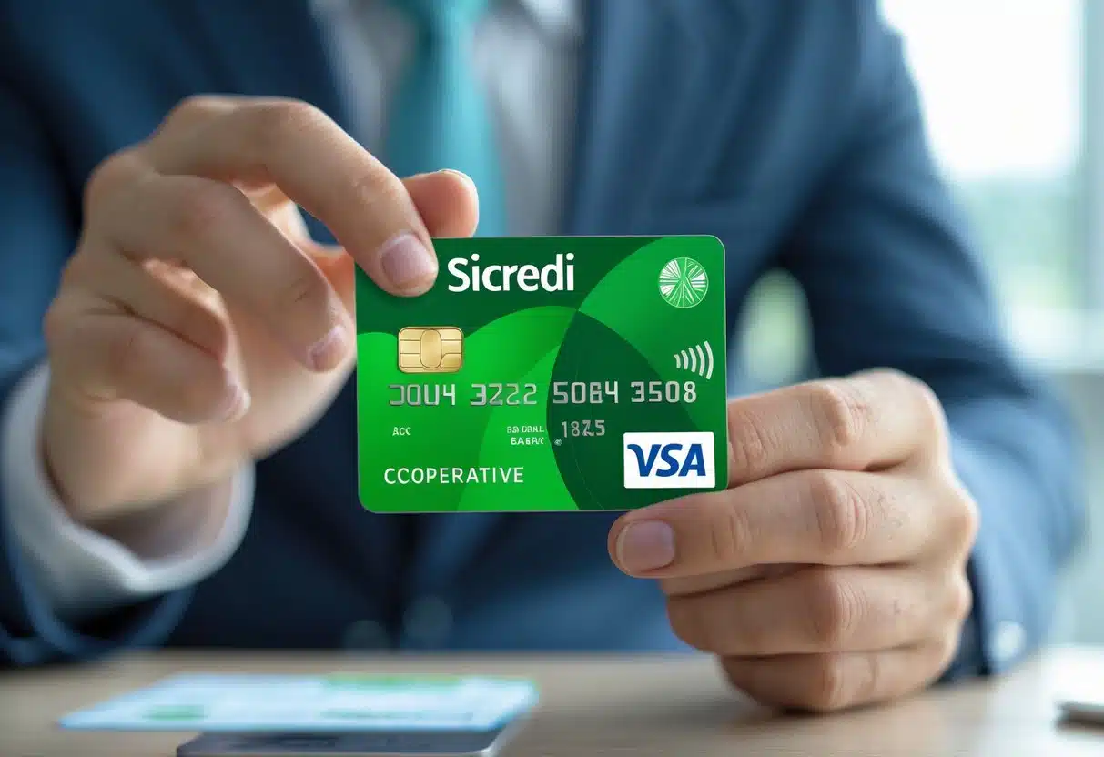 Pessoa segurando um cartão Sicredi em close, mostrando o local onde fica o número da cooperativa no cartão.