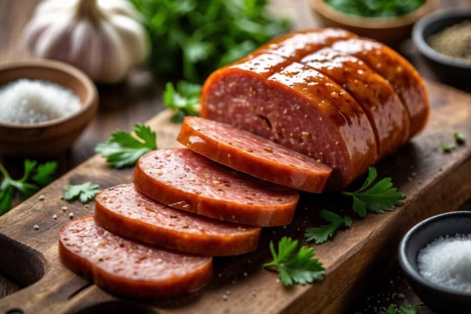 Fatias de linguiça calabresa dispostas em uma tábua de madeira com alho, salsa e temperos ao redor.