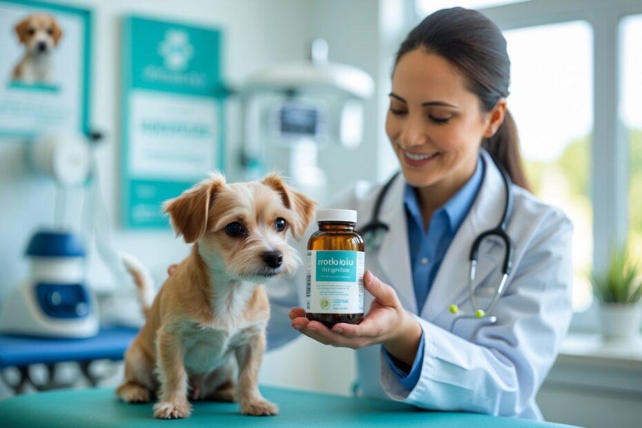 Veterinário segurando um cachorro pequeno em uma clínica enquanto mostra um frasco de suplemento probiótico para cães.