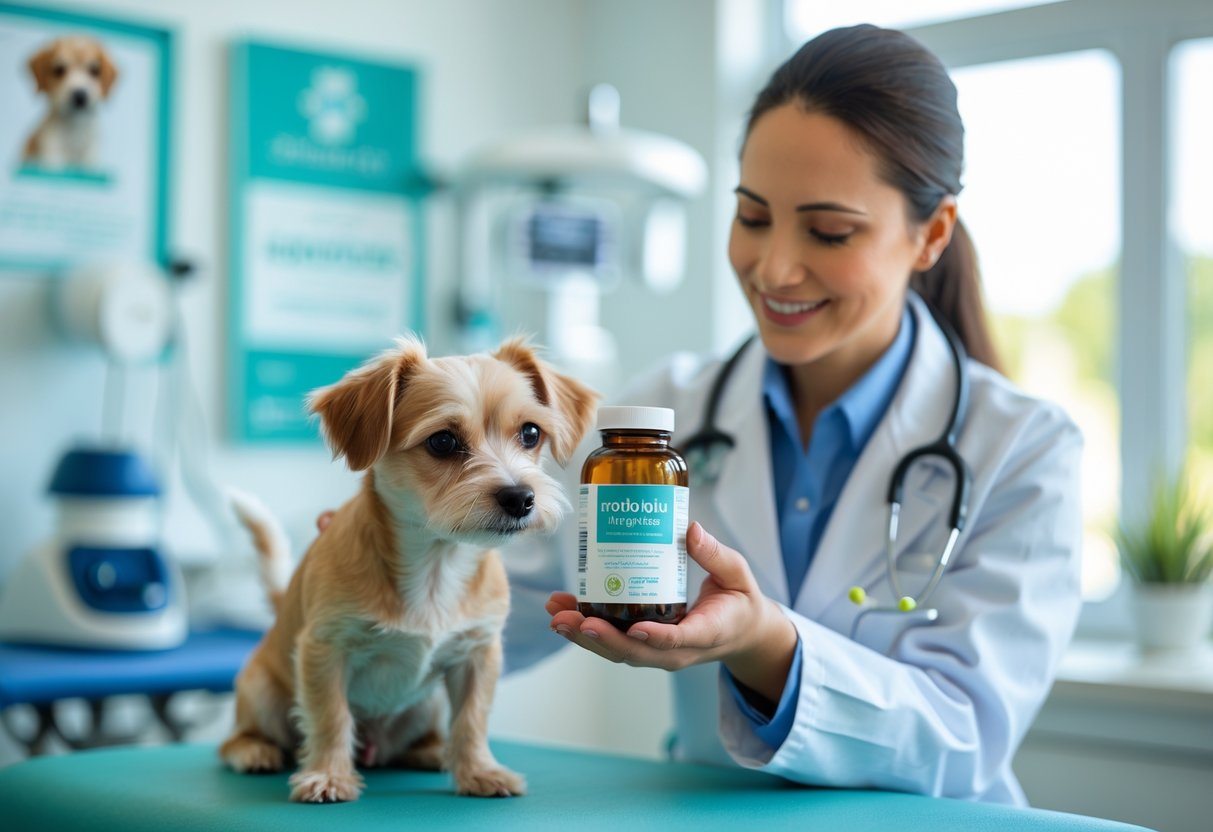 Veterinário segurando um cachorro pequeno em uma clínica enquanto mostra um frasco de suplemento probiótico para cães.