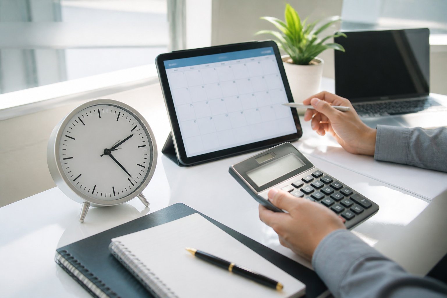 Uma mesa de trabalho organizada com um relógio analógico, um calendário digital e uma mão segurando uma calculadora, representando o cálculo de horas em dias.