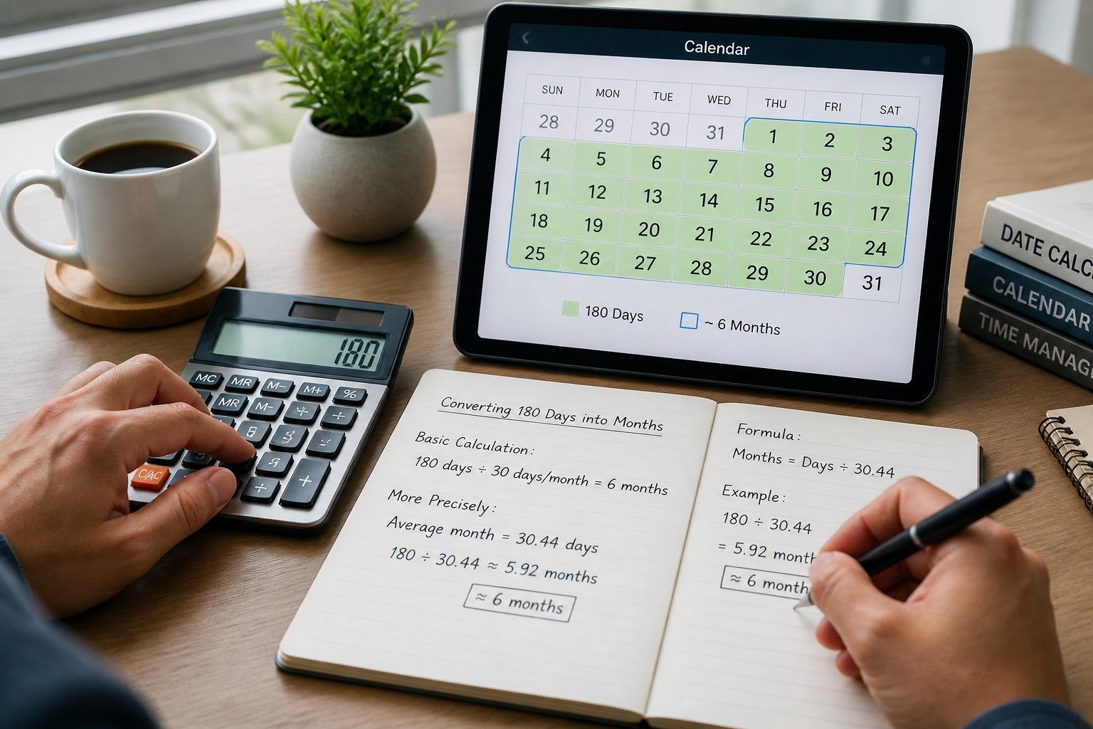 Mesa de trabalho com calculadora, caderno com anotações e tablet mostrando calendário, mãos escrevendo e calculando, ambiente organizado.