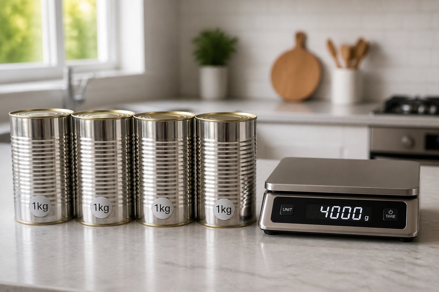 Vários latinhas de 1kg organizadas sobre uma bancada de cozinha ao lado de uma balança digital.