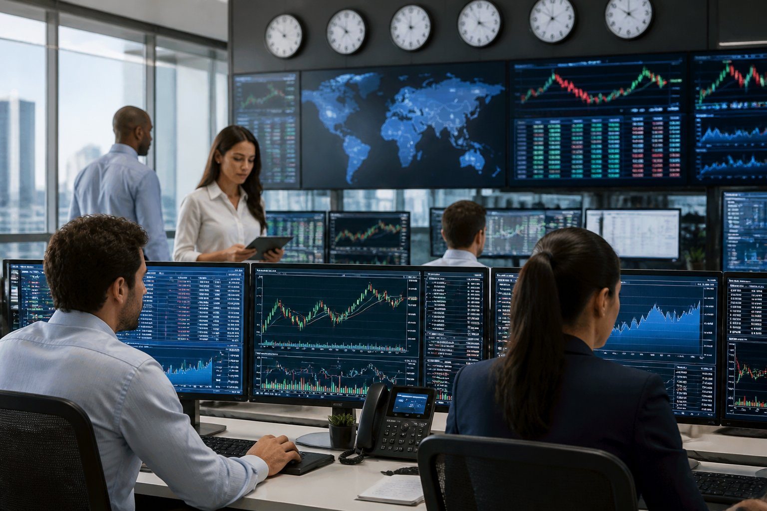 Profissionais em um escritório moderno analisando dados de mercado financeiro em tempo real em vários monitores.