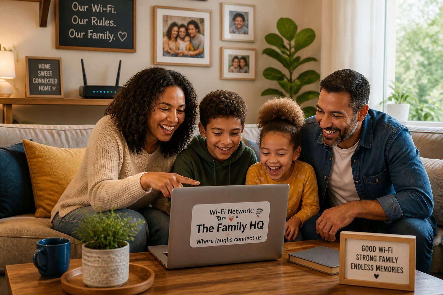 Família sorridente reunida na sala de estar ao redor de um laptop, com um roteador de Wi-Fi ao fundo.