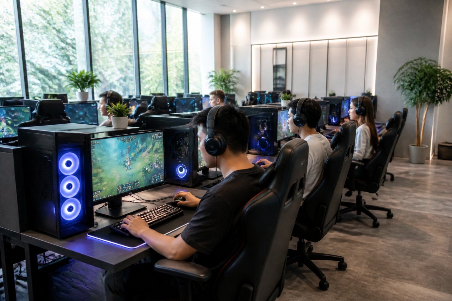 Interior de uma lan house moderna com jovens usando computadores em um ambiente bem iluminado e organizado.